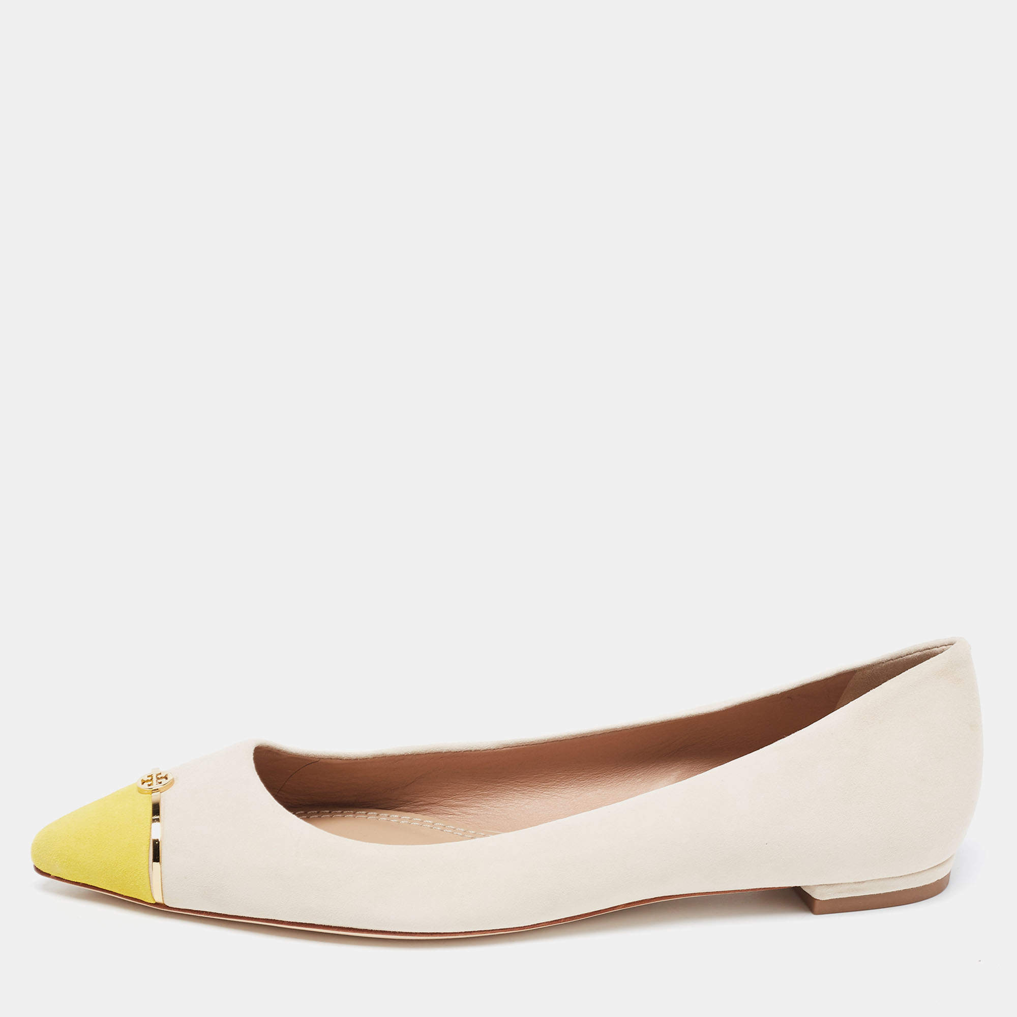 Pre Owned Tory Burch Beige/Yellow Suede Ballet Flats Size 38.5