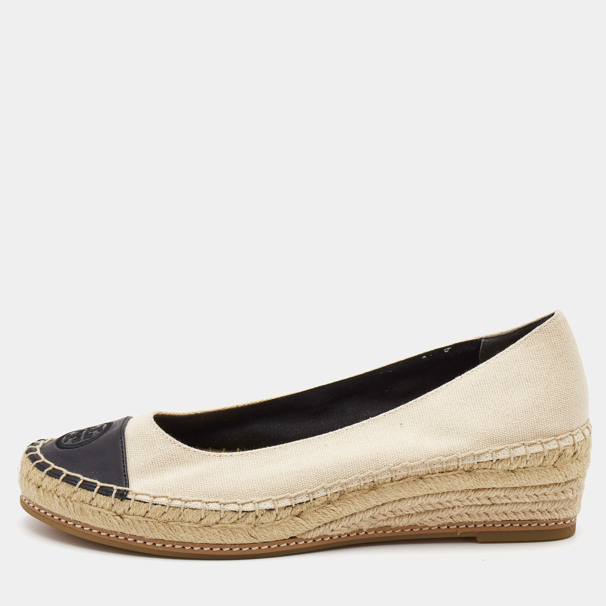 Pre Owned Tory Burch Beige/Black Canvas and Leather Wedge Pumps Size 39