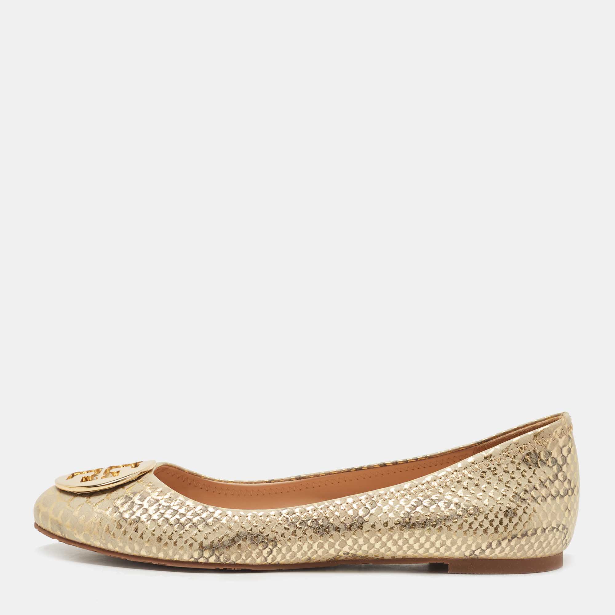 Pre Owned Tory Burch Two Tone Python Embossed Leather Reva Ballet Flats Size 41.5