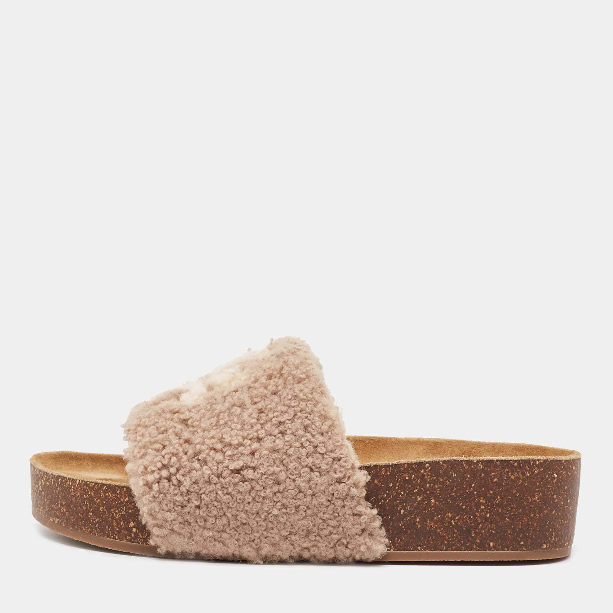 Pre Owned Tory Burch Brown Double T Shearling Fur Flat Slides Size 40