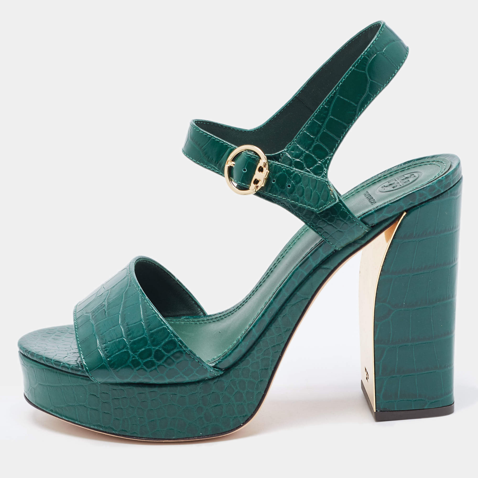 Pre Owned Tory Burch Green Croc Embossed Leather Martine Platform Sandals Size 40