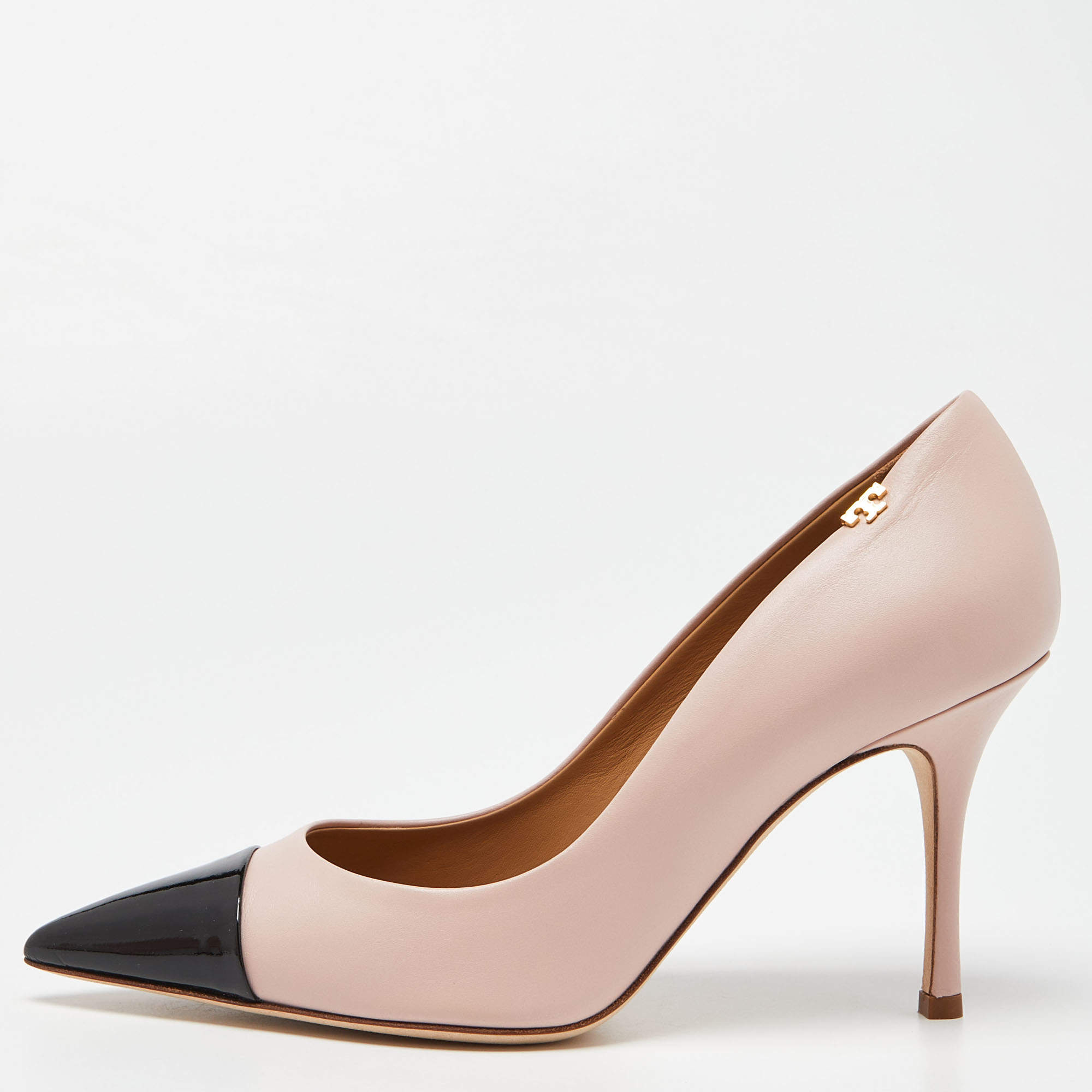 Pre Owned Tory Burch Pink/Black Patent and Leather Penelope Pumps Size 38.5