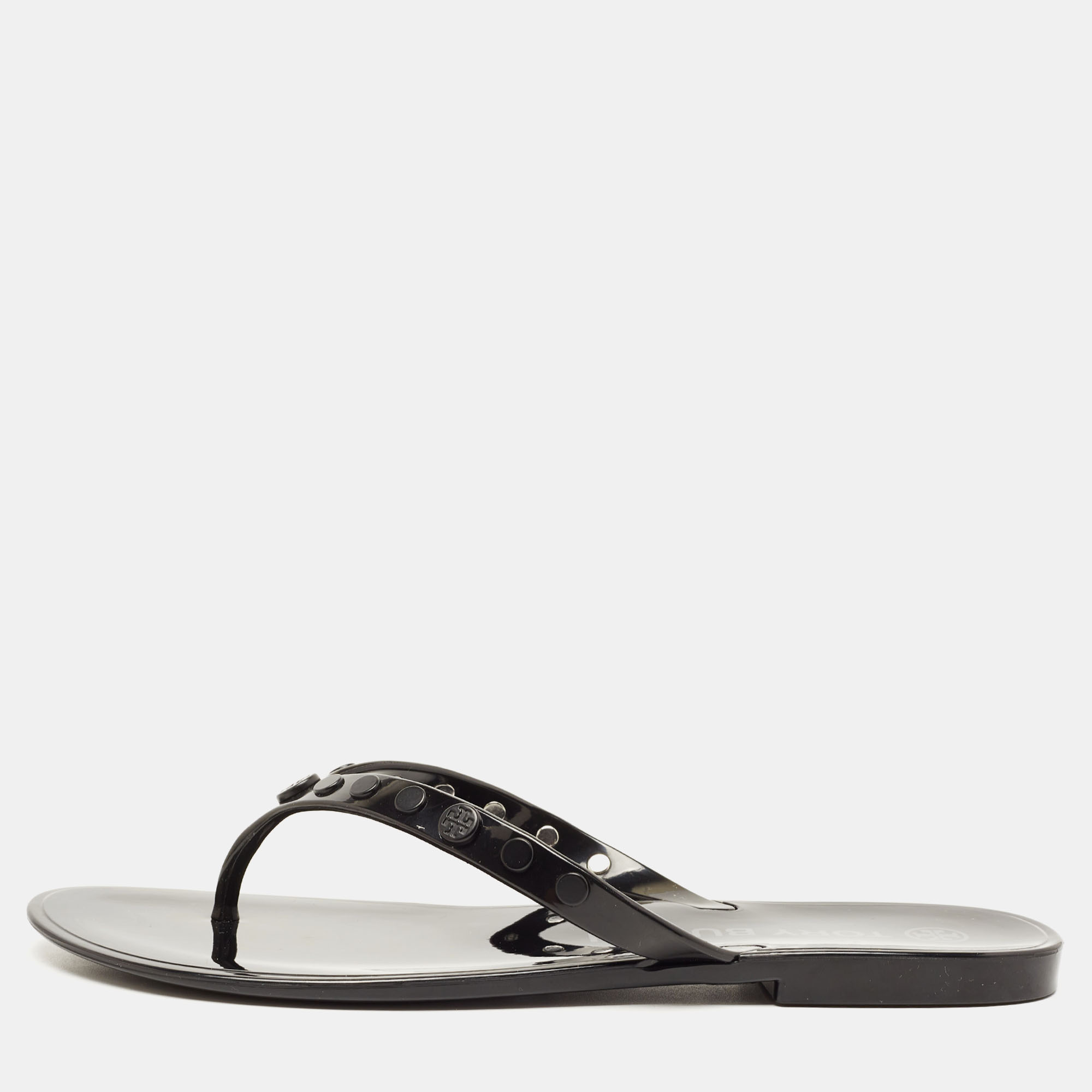 Pre Owned Tory Burch Black Rubber Studded Thong Flats Size 38.5