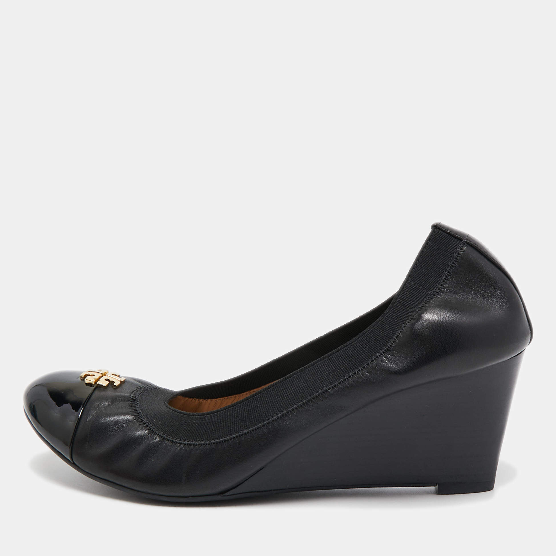 Pre Owned Tory Burch Black Leather Jolie Wedge Pumps Size 40