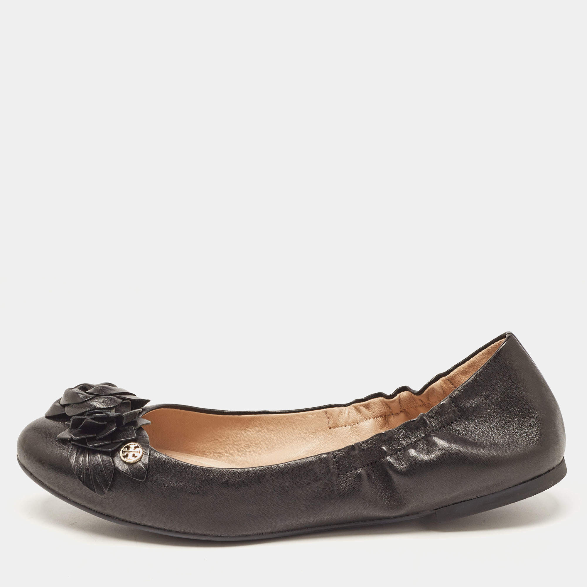 Pre Owned Tory Burch Black Leather Blossom Ballet Flats Size 39.5