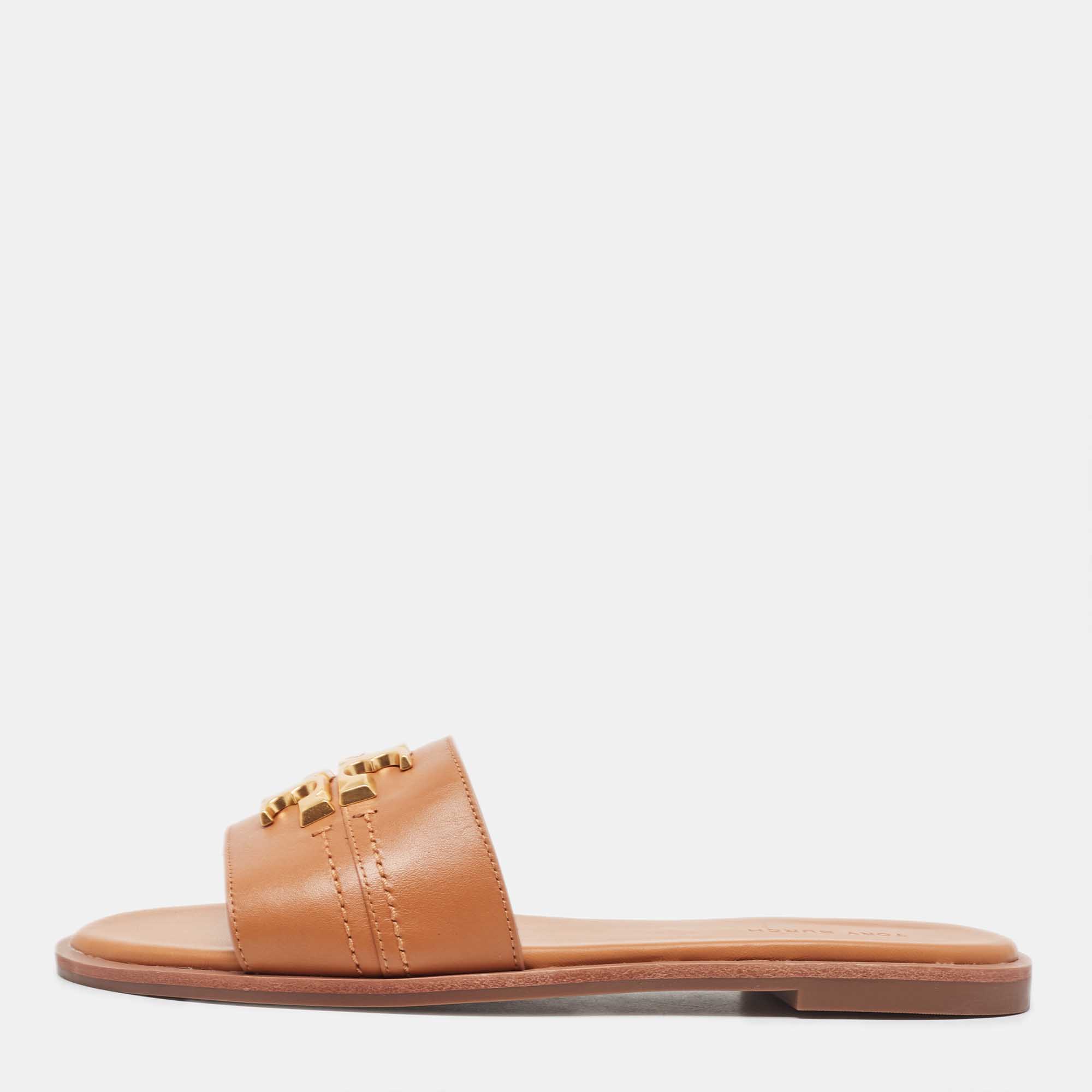 Pre Owned Tory Burch Brown Leather Everly Flat Slides Size 37.5