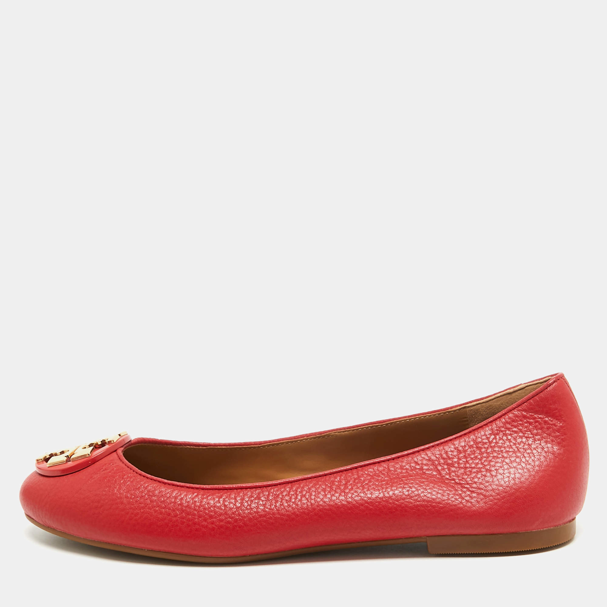 Pre Owned Tory Burch Red Leather Reva Ballet Flats Size 37.5