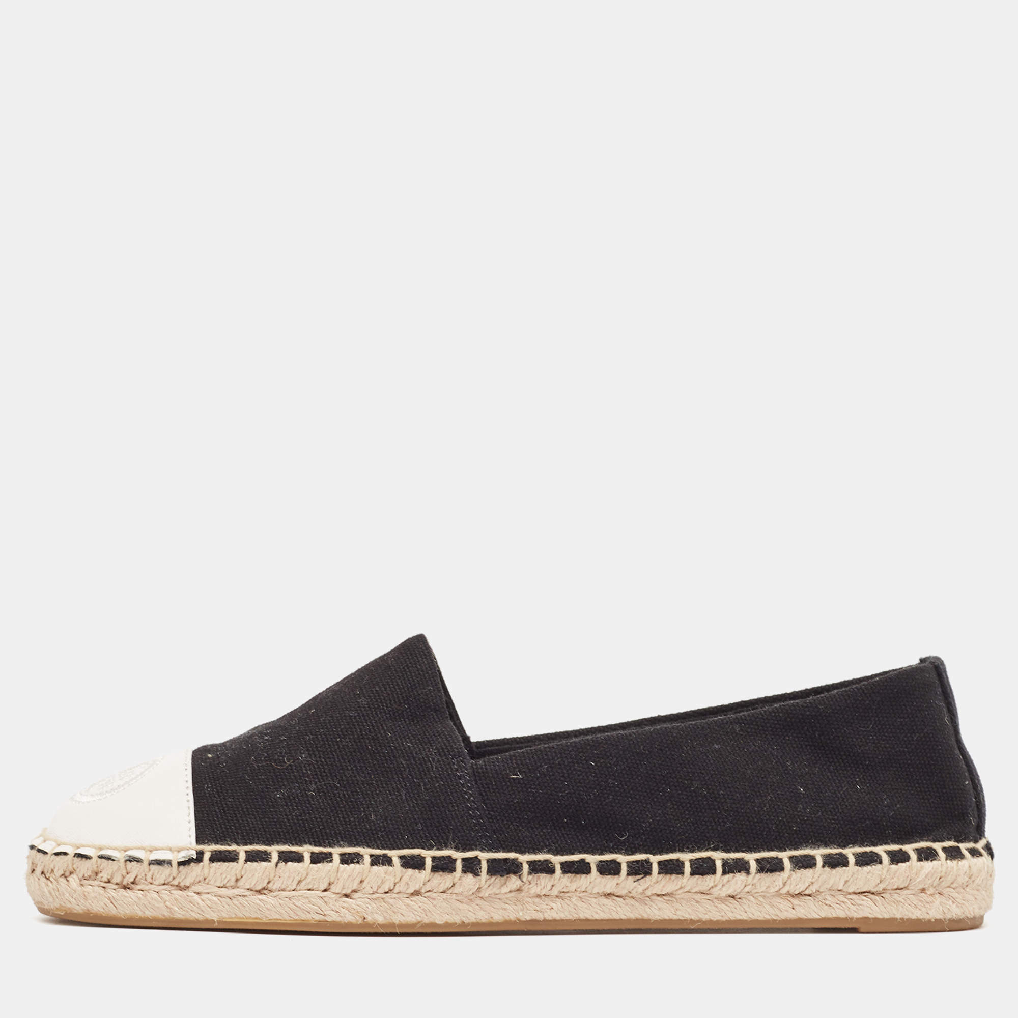 Pre Owned Tory Burch Black/White Canvas and Leather Cap Toe Espadrille Flats Size 36