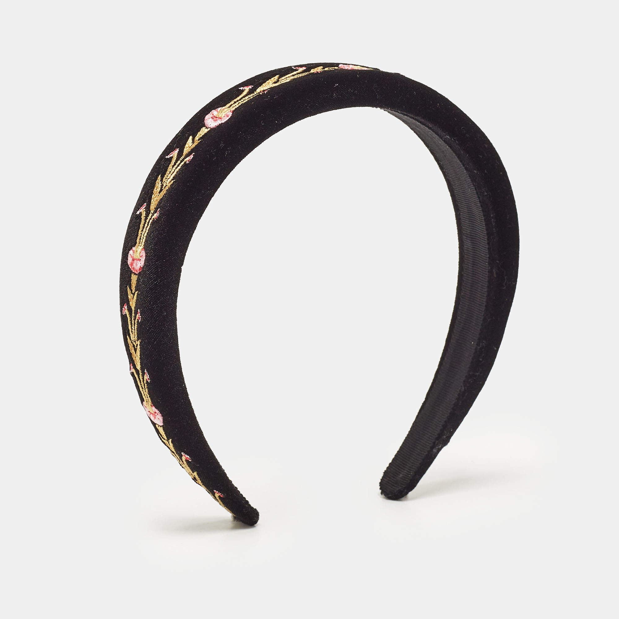 Pre Owned Tory Burch Black Floral Embroidered Velvet Hairband 