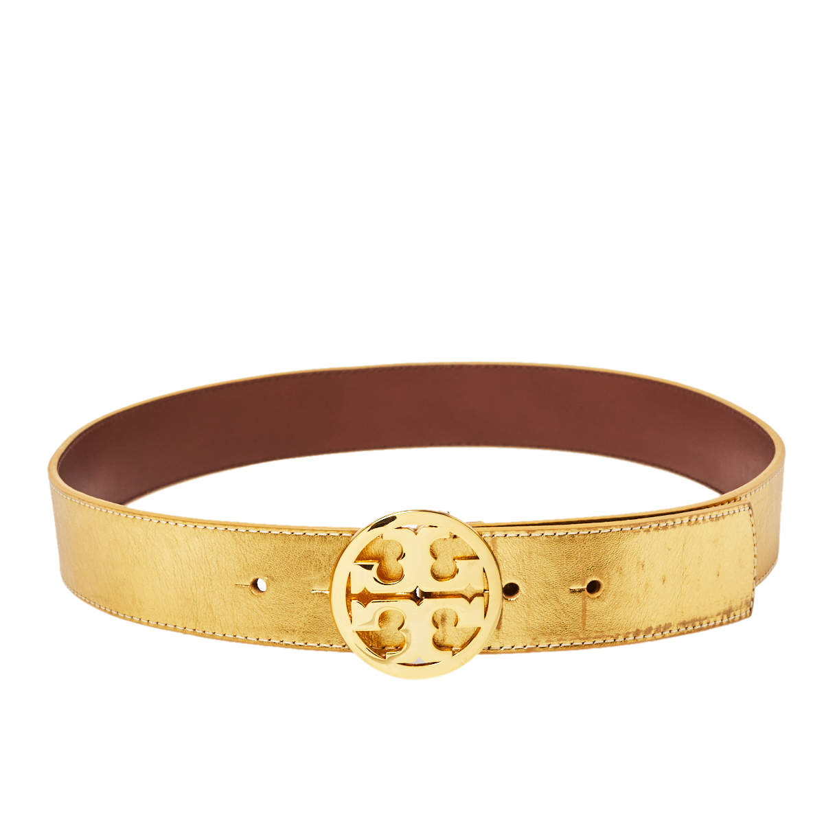 Pre Owned Tory Burch Metallic Gold Leather Logo Buckle Belt S
