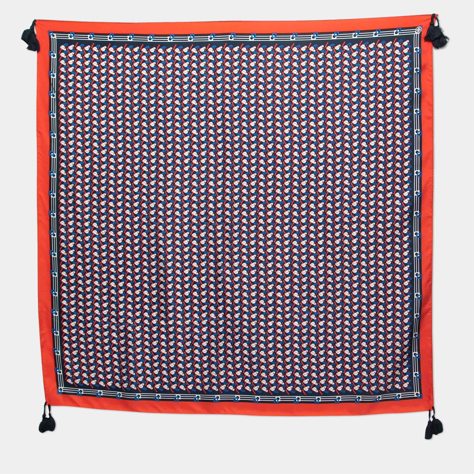 Tory Burch Red/Blue Stallion Silk Square Scarf
