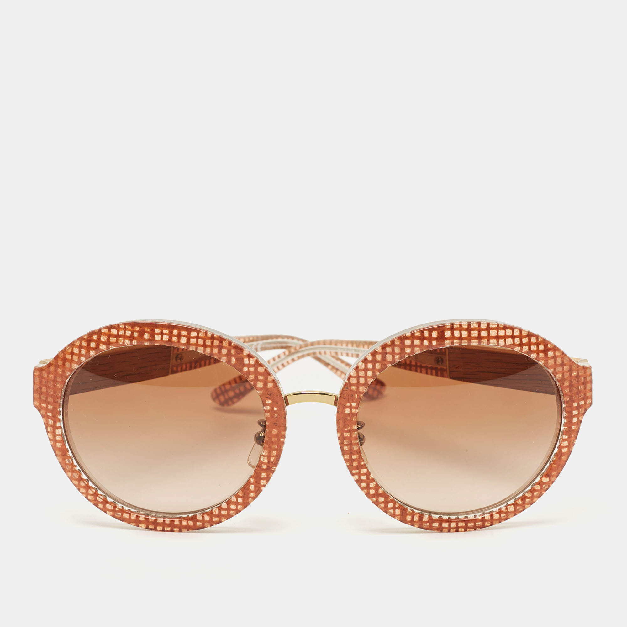 Pre Owned Tory Burch Brown Woven Raffia TY7128 Gradient Round Sunglasses