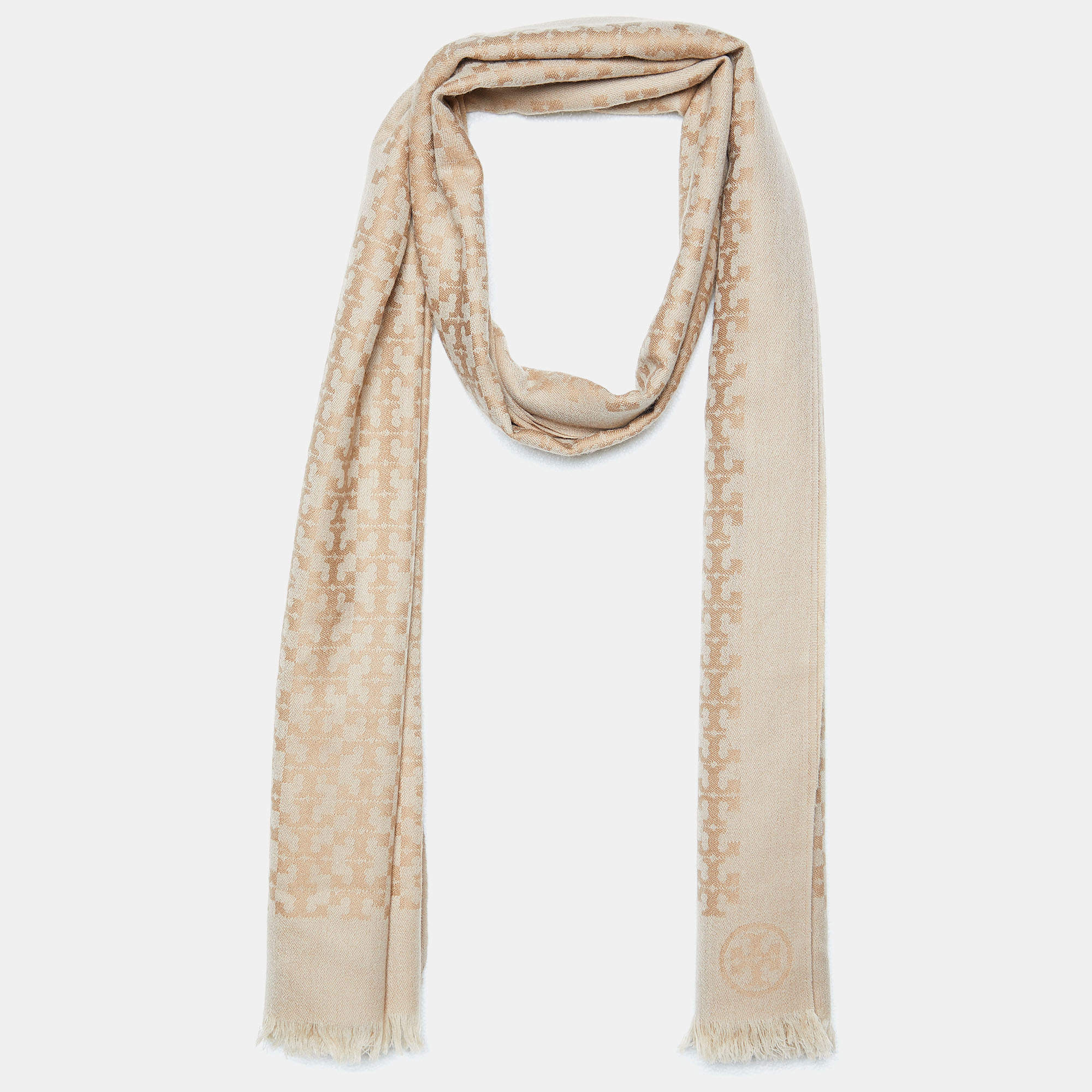 Pre Owned Tory Burch Beige Logo Jacquard Wool Fringed Scarf