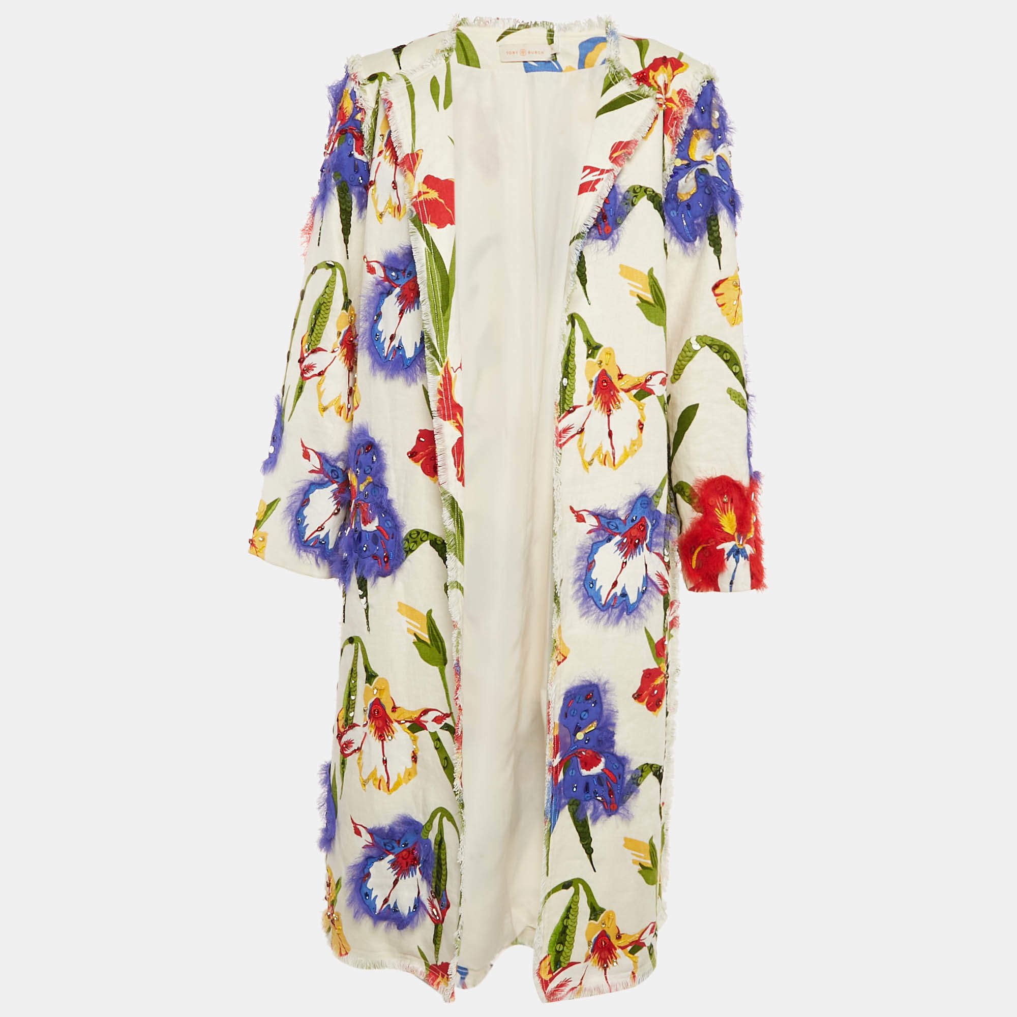 Pre Owned Tory Burch White  Embellished Linen Open Front Jenson Coat L