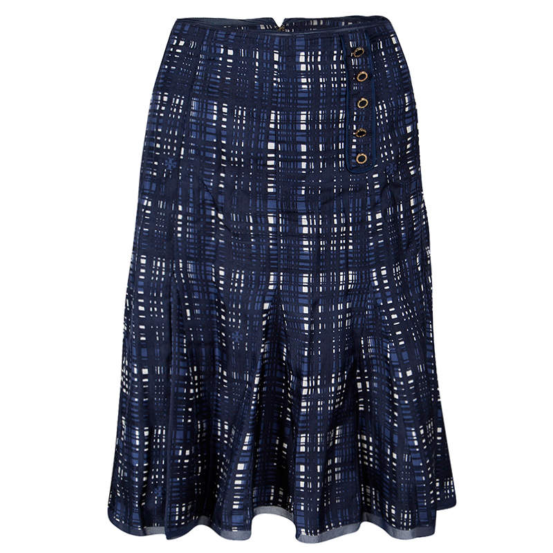 Pre Owned Tory Burch Navy Blue and White Checked Pleated Silk Wess Skirt L