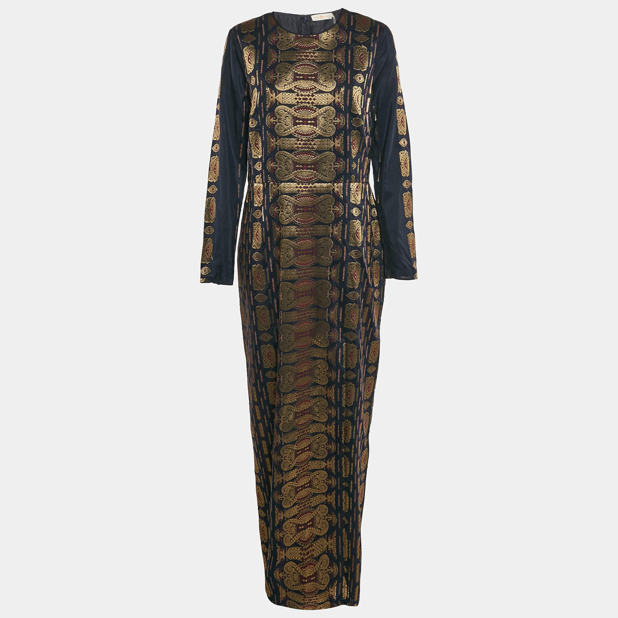 Tory Burch Navy Blue Lurex Jacquard Long Sleeve Maxi Dress L