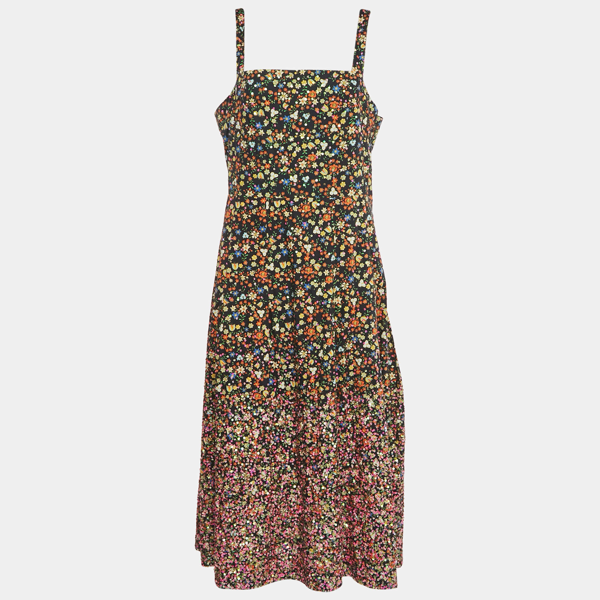 Pre Owned Tory Burch Black Floral Print and Sequin Embroidery Cotton Midi Dress L
