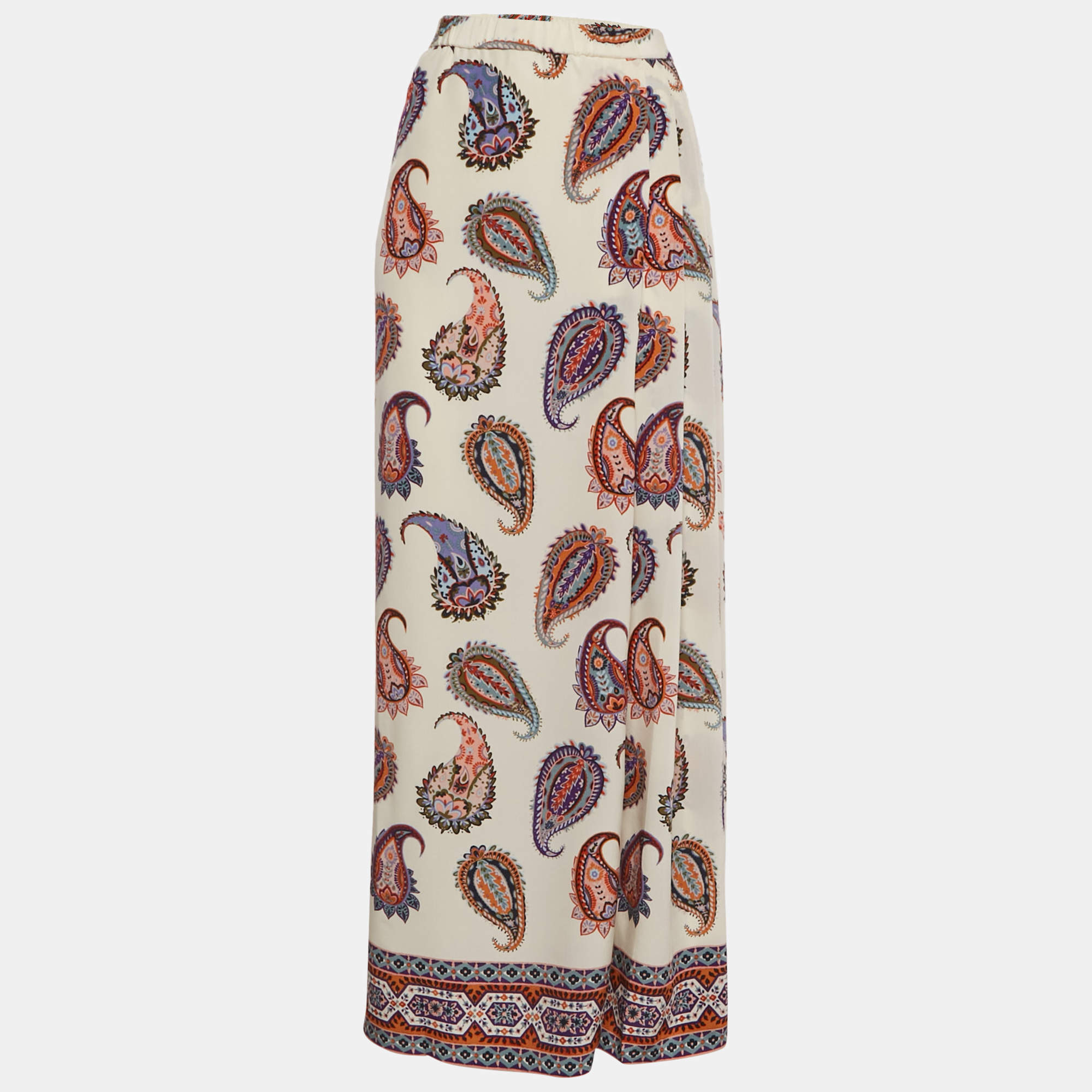 Pre Owned Tory Burch Cream Paisley Print Silk Maxi Skirt L