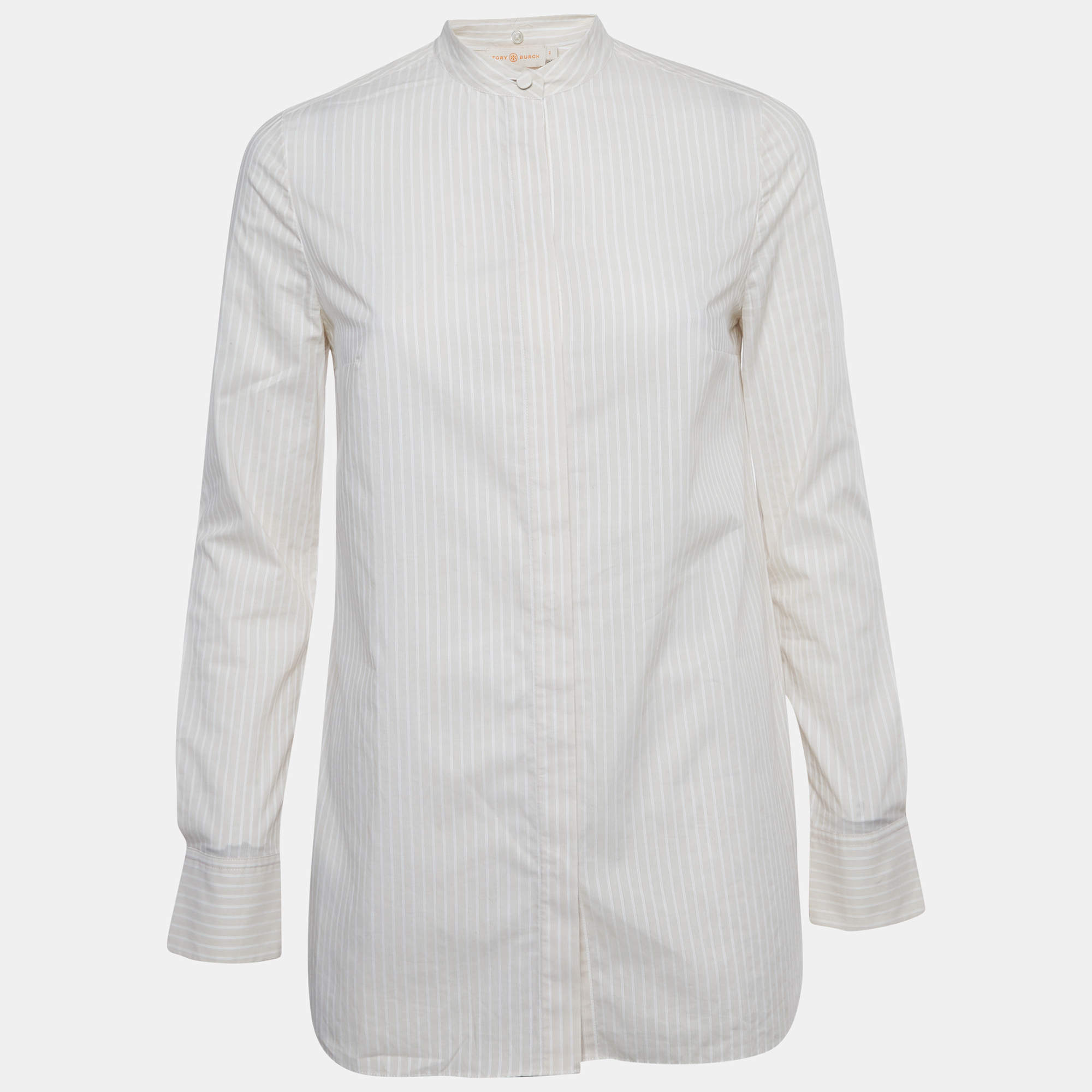 Pre Owned Tory Burch Beige Striped Cotton Long Sleeve Shirt XS