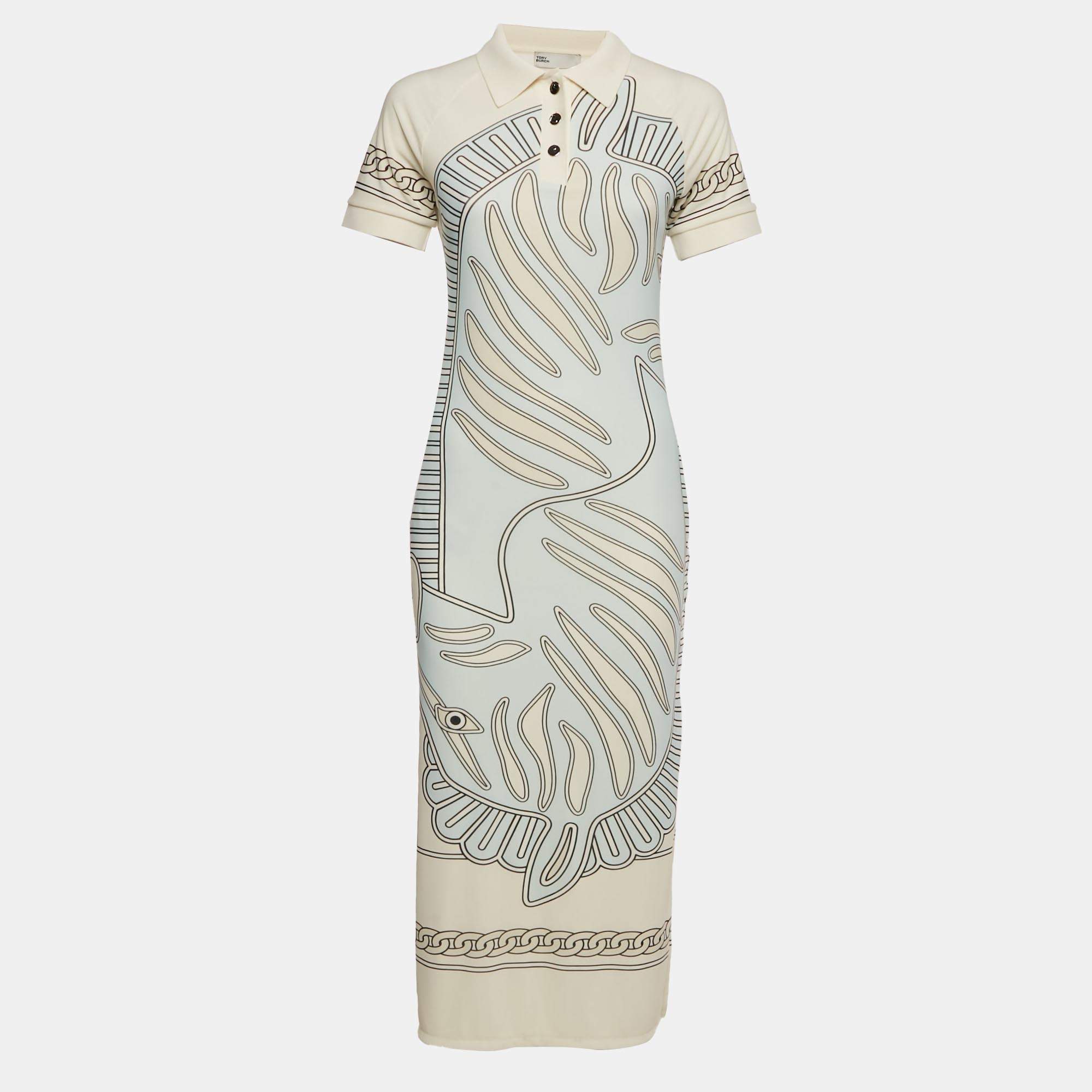 مملوكة مسبقًا Tory Burch White Printed Jersey Collar Midi Dress S