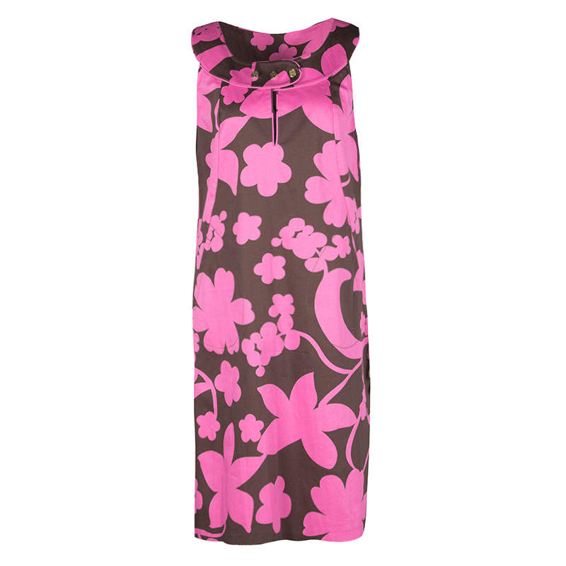 Pre Owned Tory Burch Brown and Pink Floral Printed Cotton Sleeveless Dress L