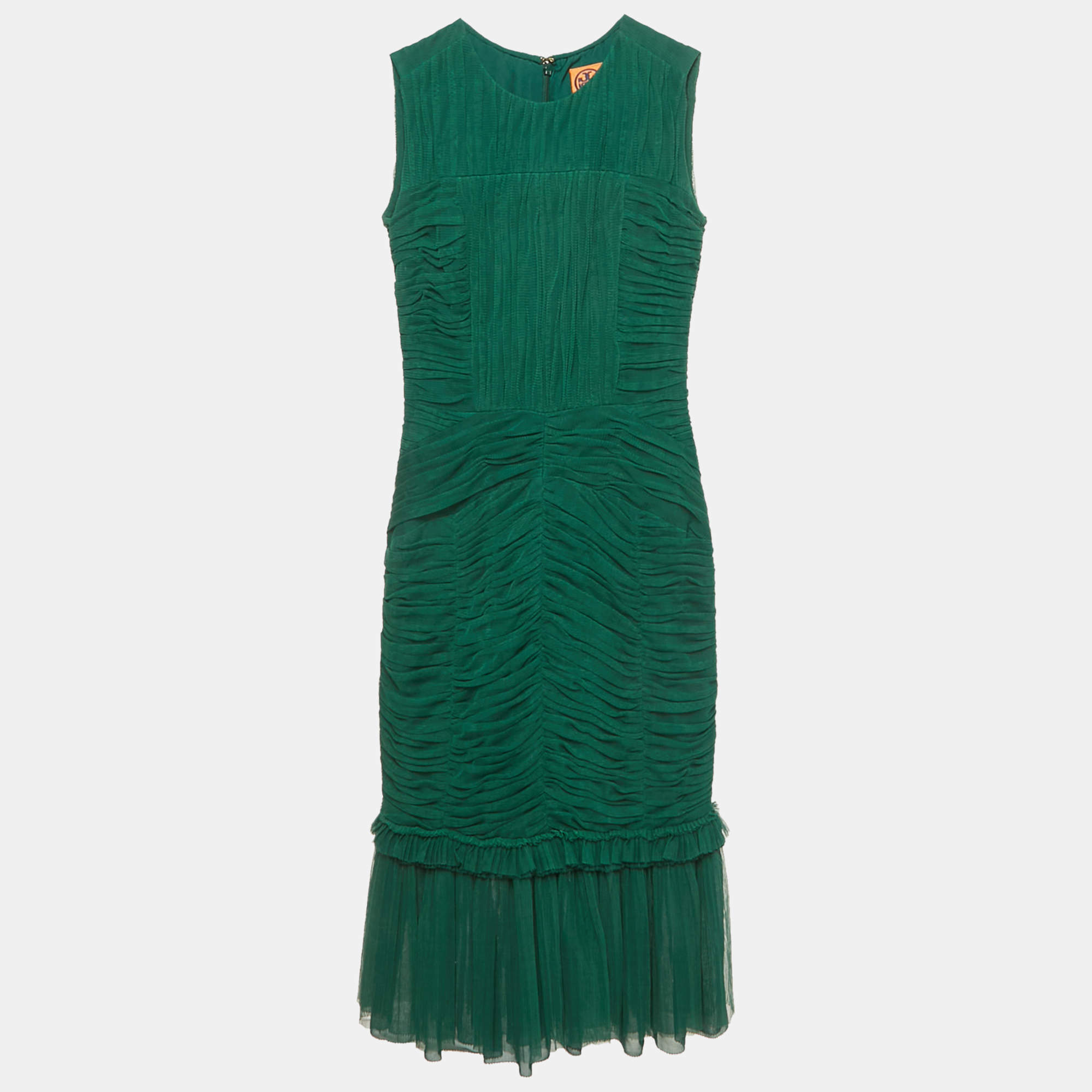 مملوكة مسبقًا Tory Burch Emerald Green Mesh Rushed Ethel Midi Dress XS