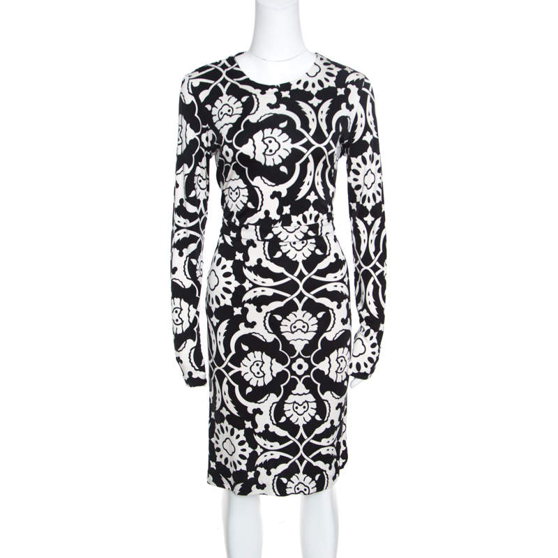 Pre Owned Tory Burch Monochrome Floral Printed Silk Knit Sheath Dress M