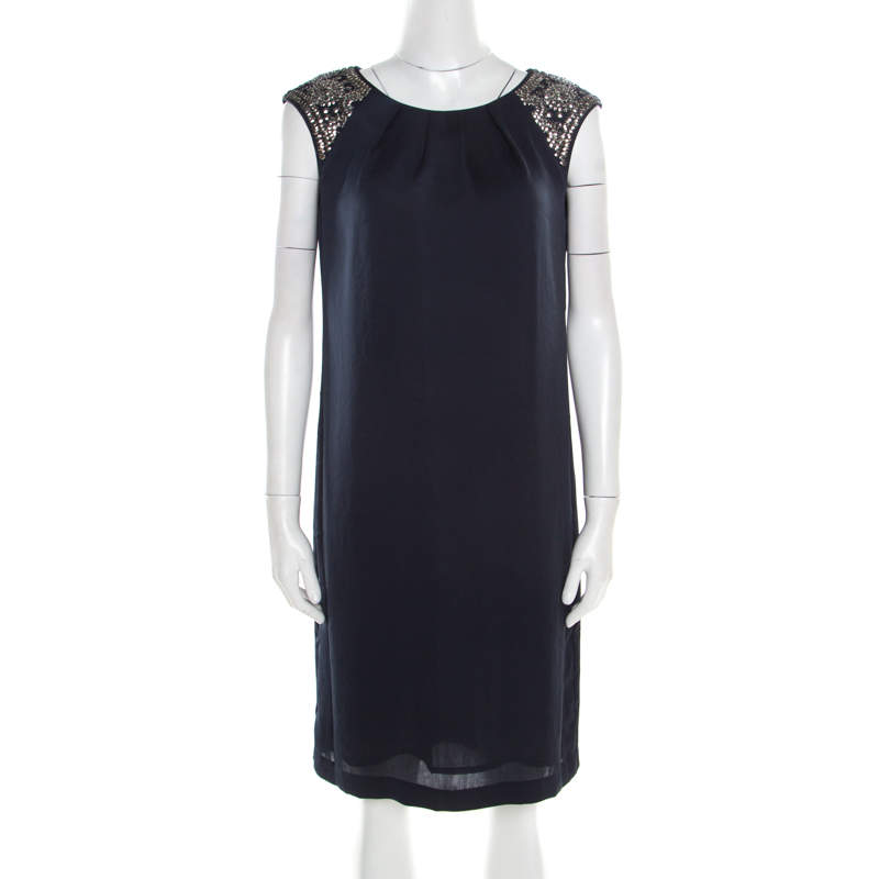 Pre Owned Tory Burch Navy Blue Satin Sequined Shoulder Detail Sleeveless Dress M