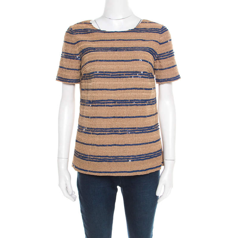 Tory Burch Beige Wooden Bead and Sequin Embellished Theresa Top S