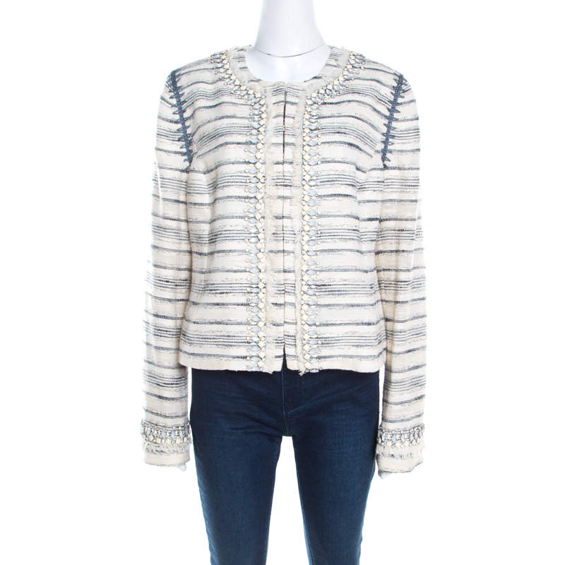 Pre Owned Tory Burch Cream Textured Jewel Embellished Nicole Boucle Jacket L