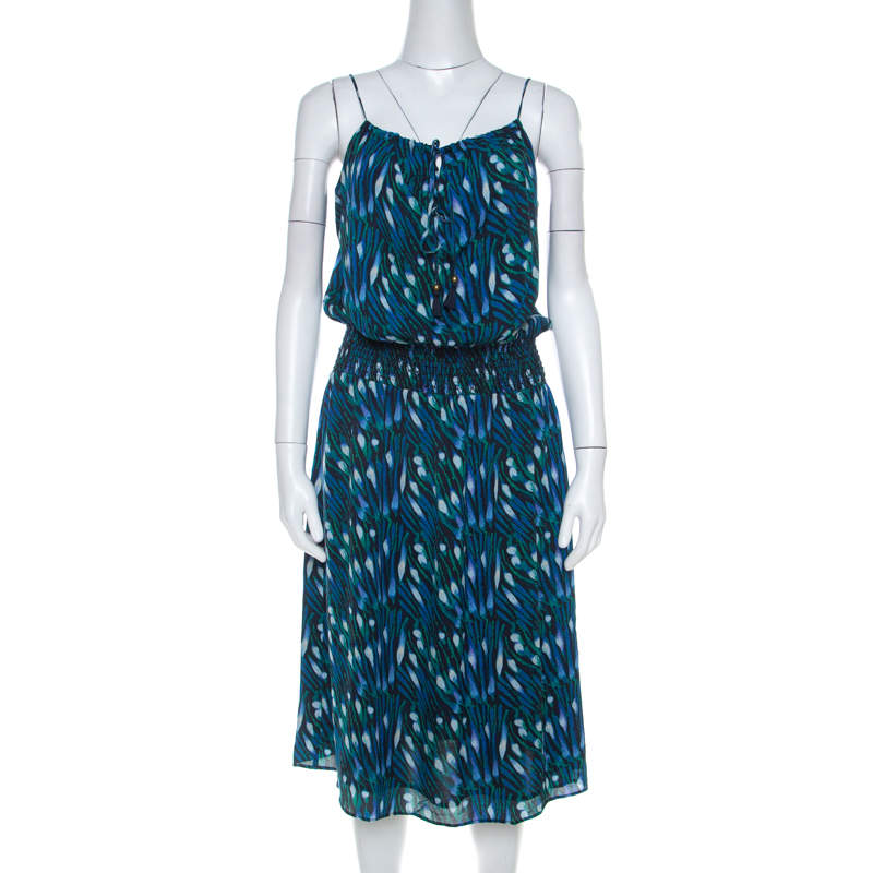 Tory Burch Blue Peacock Print Silk Tassel Detail Camisole Dress M