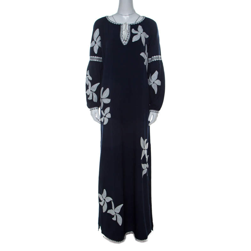 Tory Burch Navy Blue Crepe Embroidered Full Sleeve Jillian Maxi Dress M