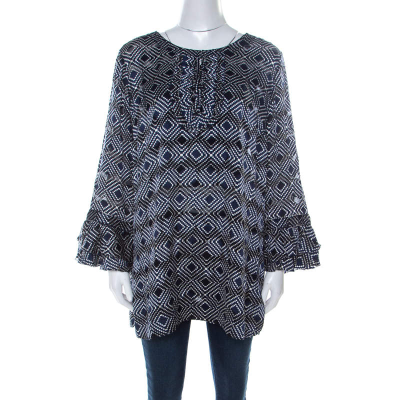 Tory Burch Navy Blue and White Printed Silk Ruffle Detail Top XL 