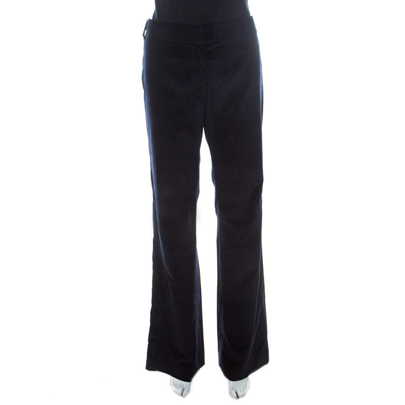 Pre Owned Tory Burch Navy Blue & Black Velvet & Silk Detail Flared Hagette Pants L