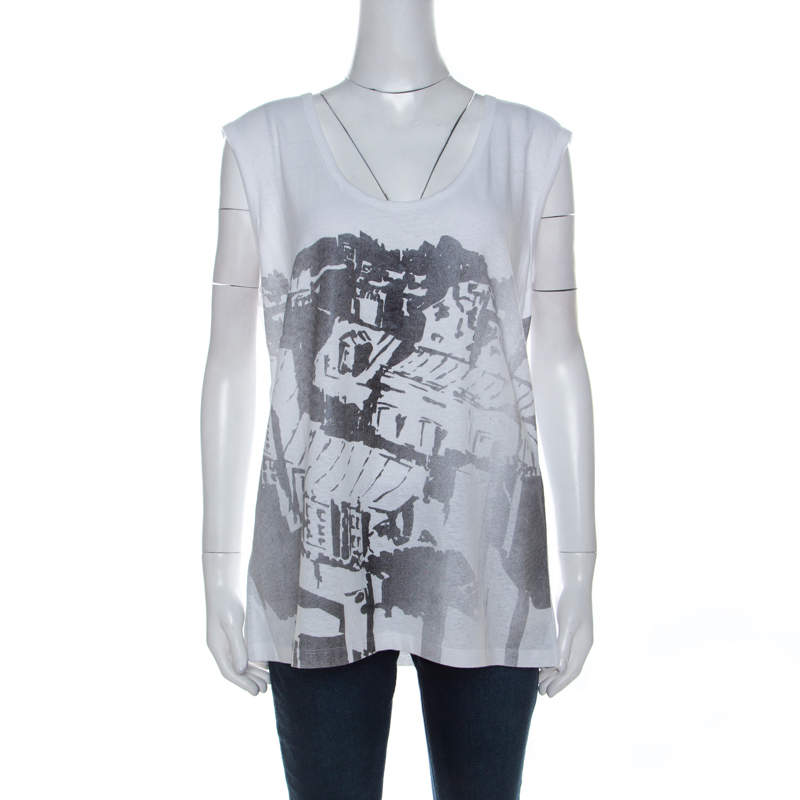 Tory Burch White Contrast Print Cotton French Sleeve T-Shirt XL