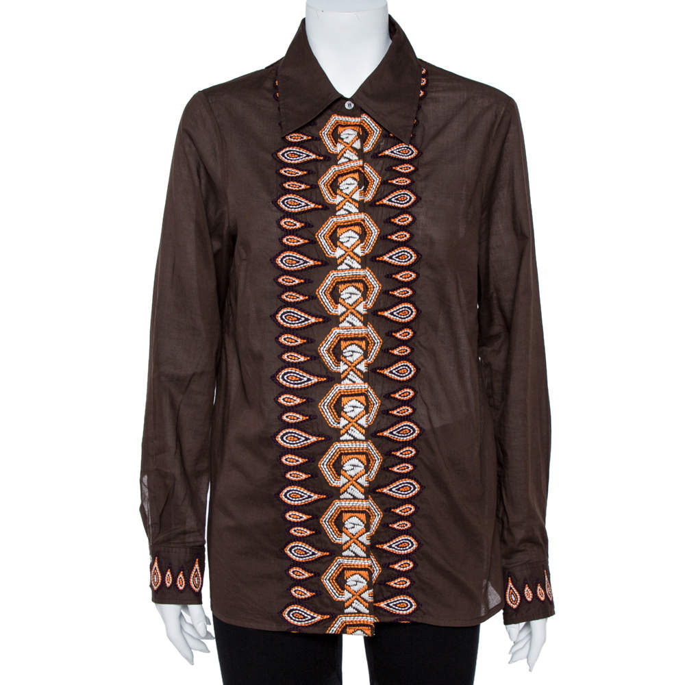 Pre Owned Tory Burch Brown Cotton Embroidered Button Front Shirt L