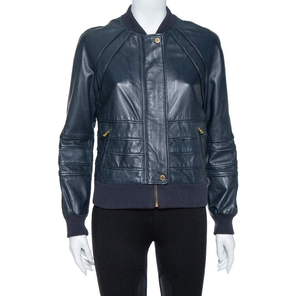 Tory Burch Navy Blue Perforated Leather Biker Jacket S 