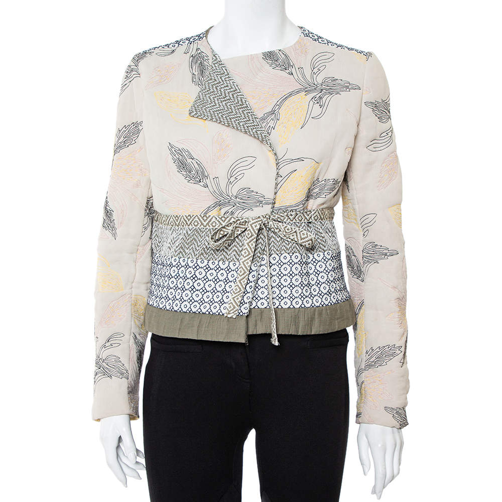 Pre Owned Tory Burch Multicolor Floral Embroidered Tie Detail Jacket M