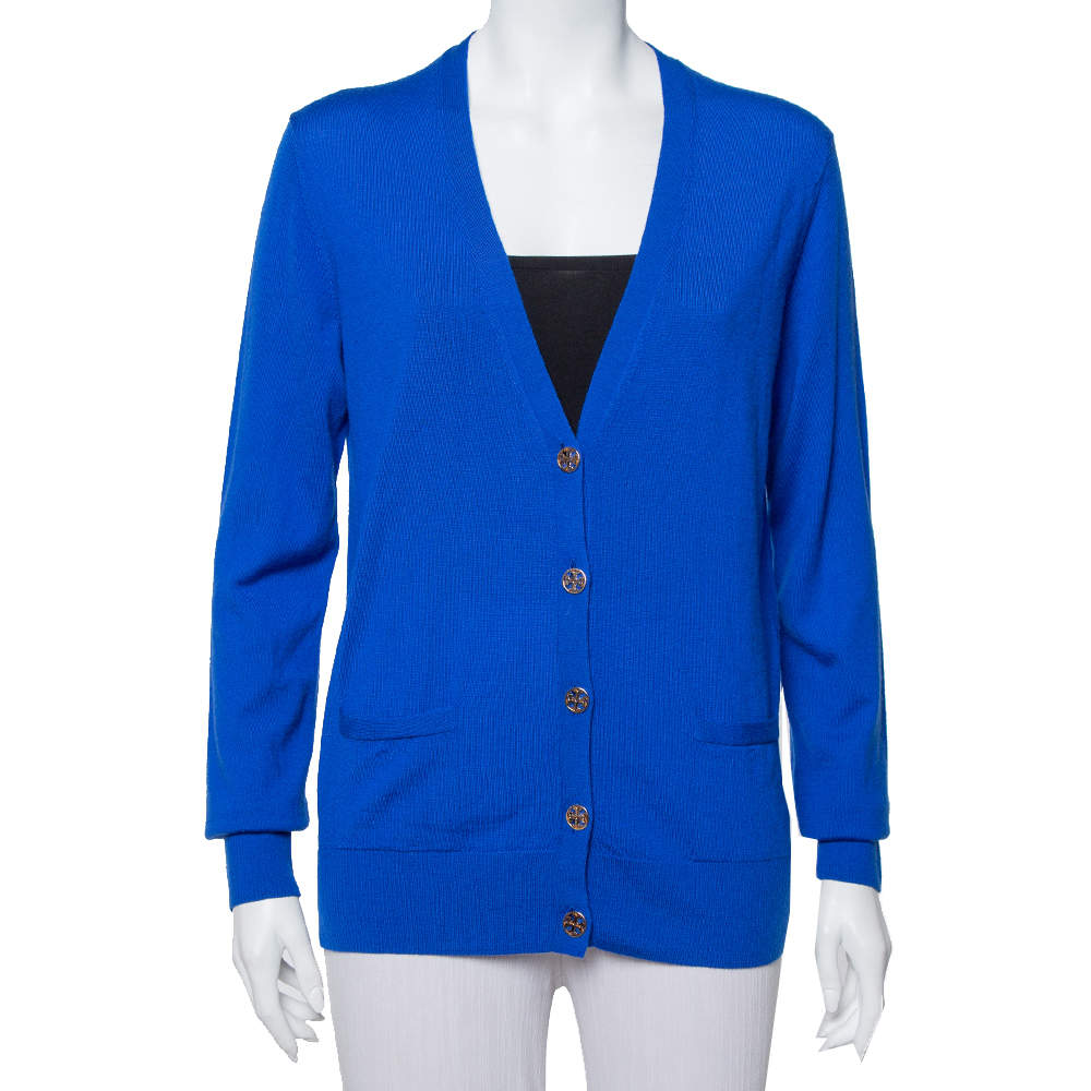 Pre Owned Tory Burch Royal Blue Wool Button Front Madeline Cardigan L