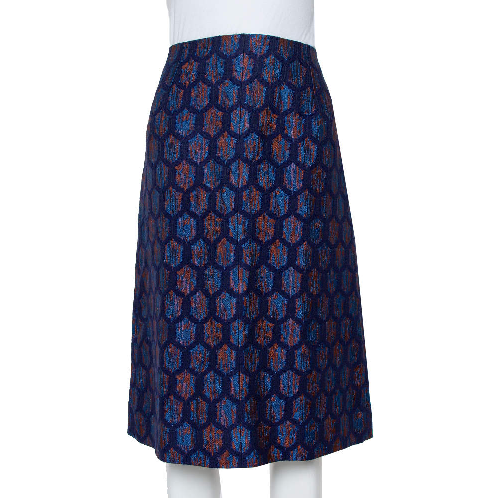 Pre Owned Tory Burch Navy Blue Jacquard A-Line Skirt S