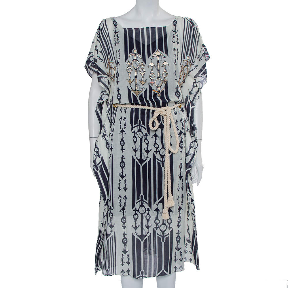 Pre Owned Tory Burch White Anchor Printed Cotton Belted Kaftan Dress M
