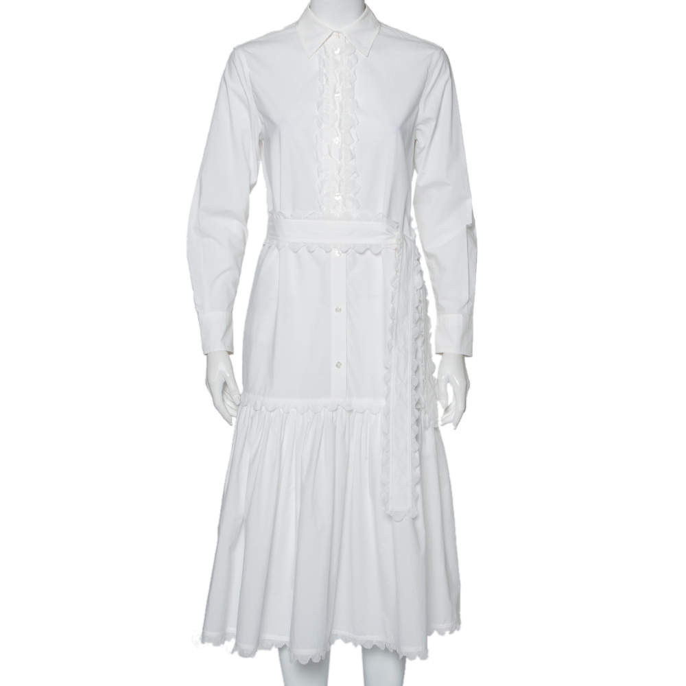 Pre Owned Tory Burch White Cotton Scalloped Ruffled Trim Shirt Dress S
