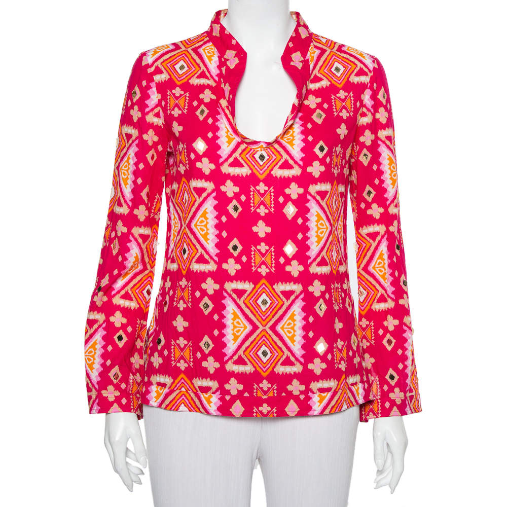 Tory Burch Pink Batik Printed Cotton Embellished Oversized Top S