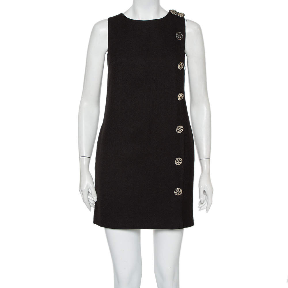 Pre Owned Tory Burch Black Wool Button Detail Sleeveless Shift Dress M