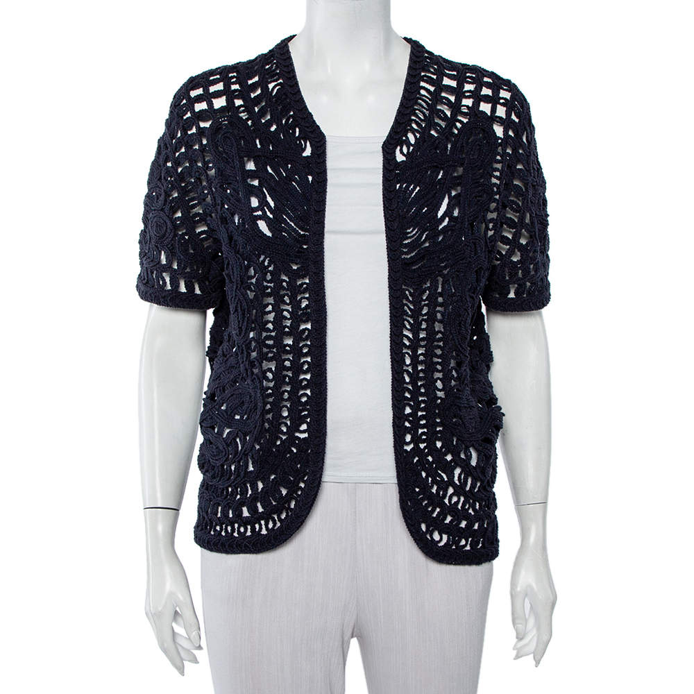 Pre Owned Tory Burch Navy Blue Crochet Open Front Shrug XL