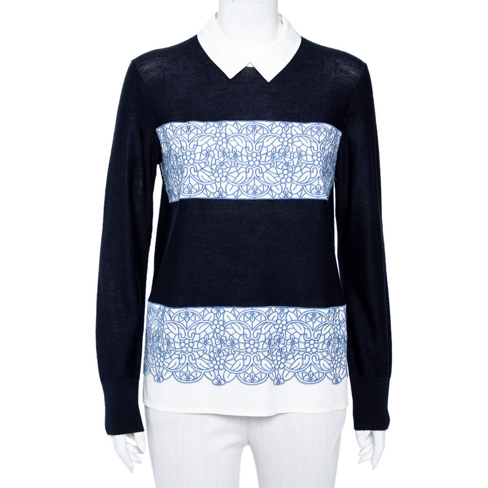 Tory Burch Navy Blue Wool Contrast Paneled Collared Sweater M
