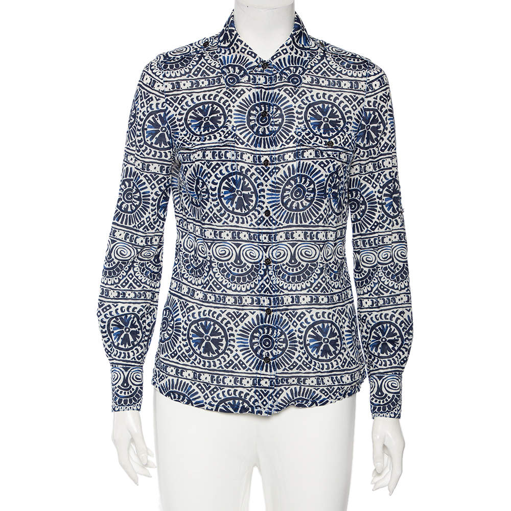 Tory Burch Blue & White Printed Cotton Buttoned Front Shirt M