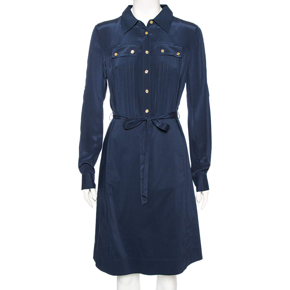 Pre Owned Tory Burch Navy Blue Cotton Emmanuelle Belted Shirt Dress M