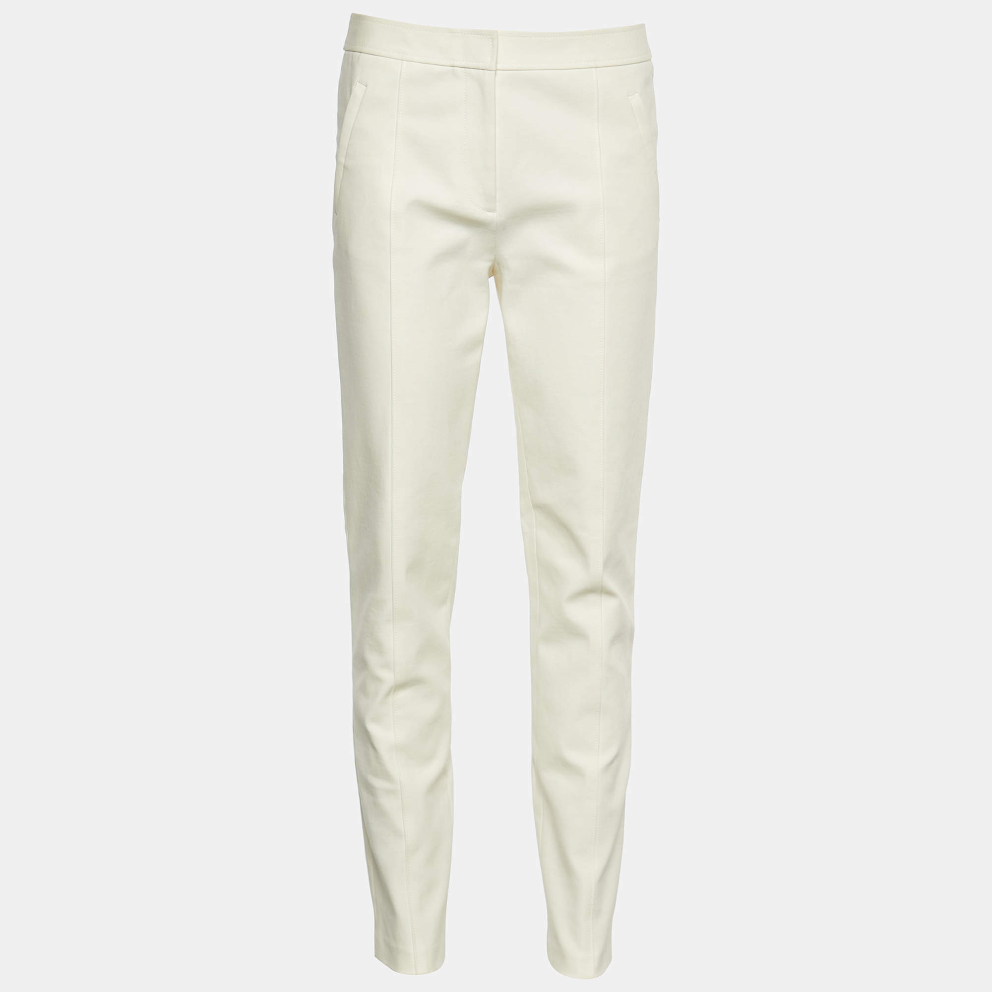 Pre Owned Tory Burch Ivory Stretch Cotton Vanner Fitted Trousers S/Waist - 31"