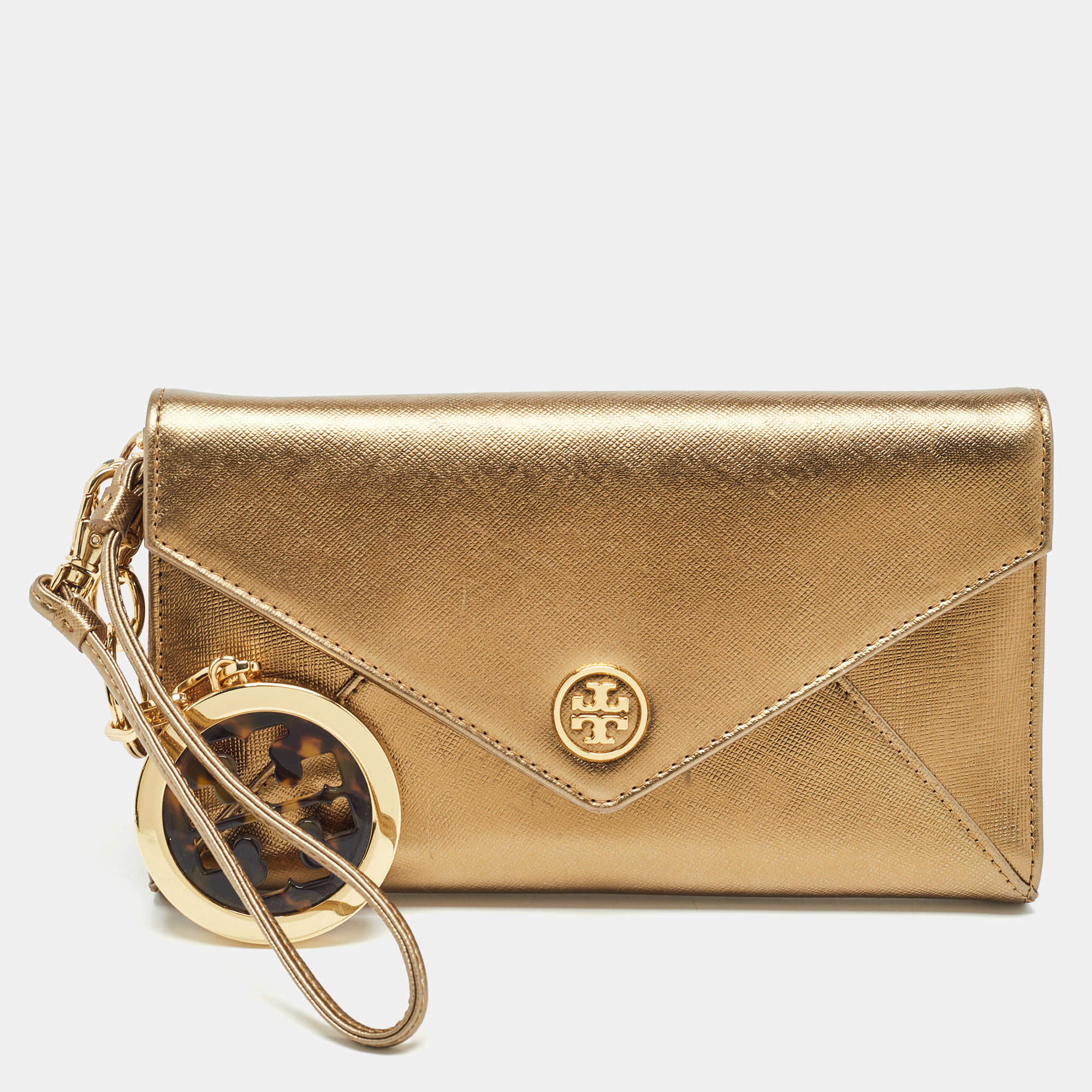 Pre Owned Tory Burch Gold Leather Robinson Envelope Wristlet Clutch